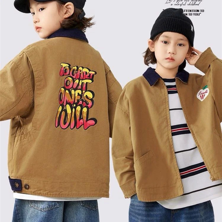 童装秋季新款儿童美式复古翻领外套男童印花工装夹克上衣日系爆款