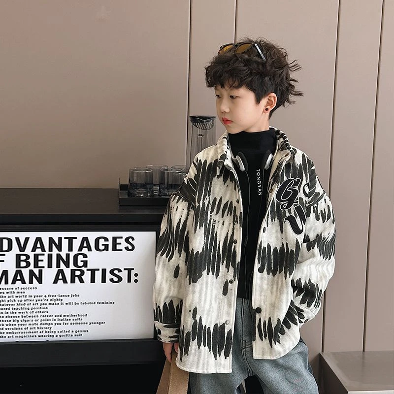 男童长袖衬衫外套2025春装新款洋气中大童韩版衬衣上衣儿童外套潮