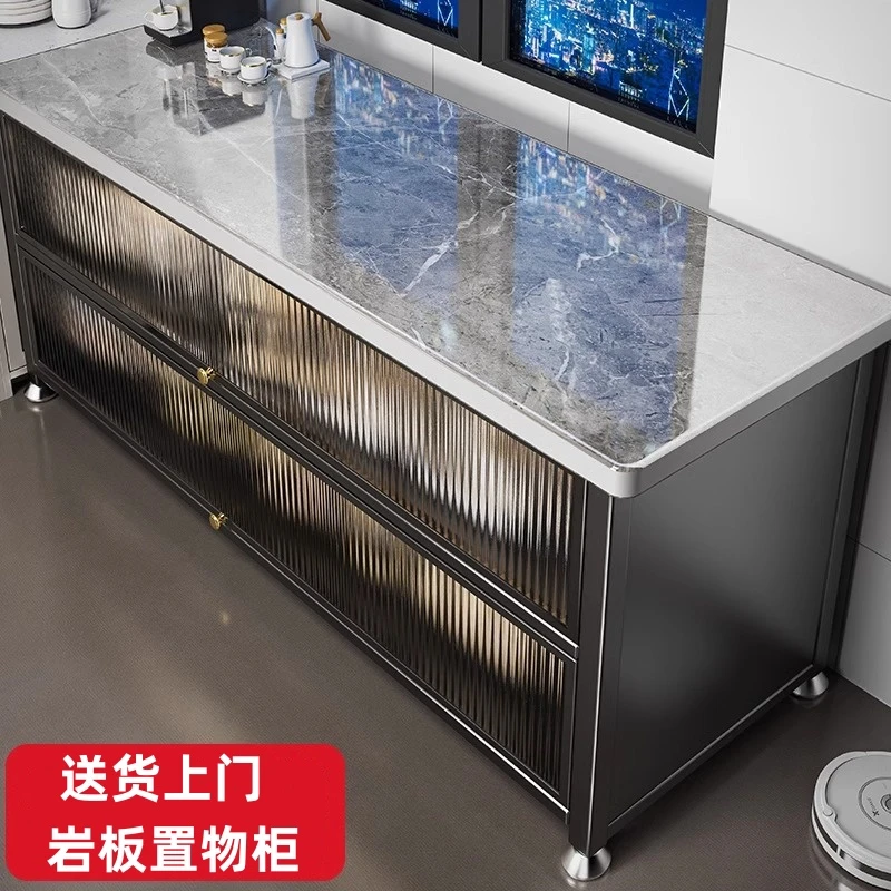 加厚岩板厨房置物架落地多功能微波炉防尘餐边碗柜储物柜松弛感