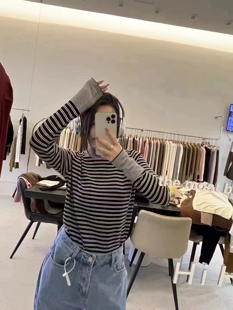 【Halo】半高领细条纹针织衫