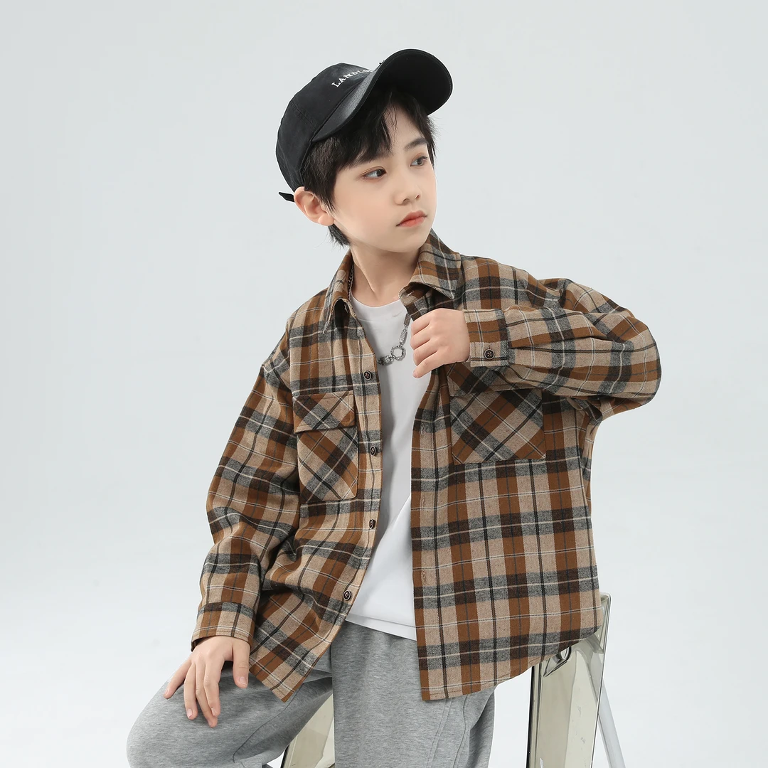 （现货）2025新款男童100棉卡其格子衬衫上衣夏装儿童休闲衬衣