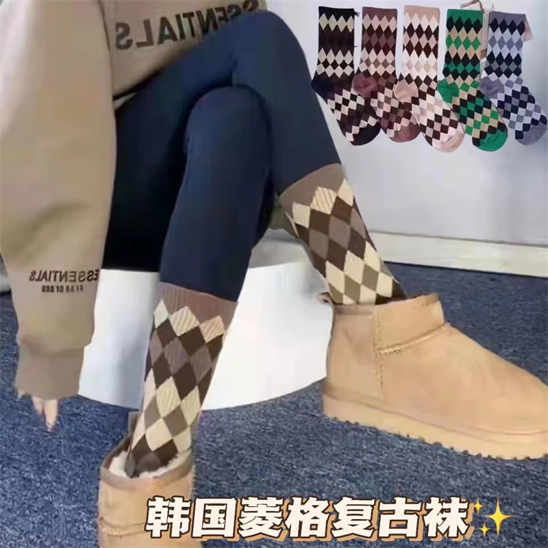 复古风韩国东大门格子袜菱形条纹爆款小红书防臭袜子女中筒菱格袜