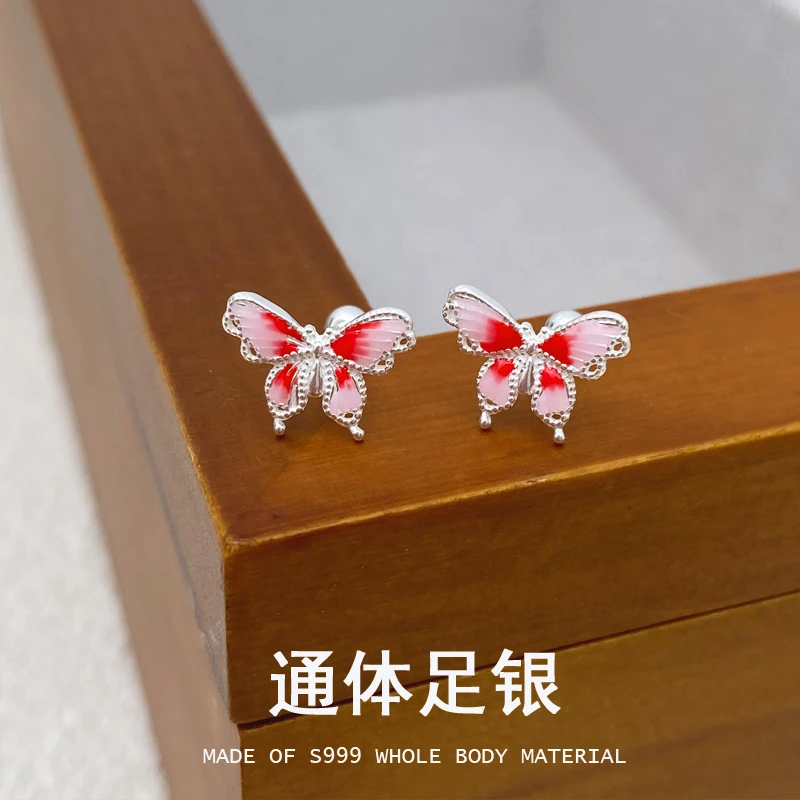 足银耳饰 足银珐琅彩蝴蝶耳钉女精致纯银养耳洞螺丝耳钉E422