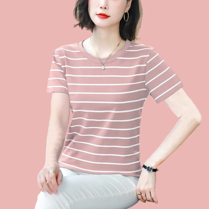 2024年夏季新款含棉条纹短袖T恤女宽松百搭洋气圆领半袖女上衣潮