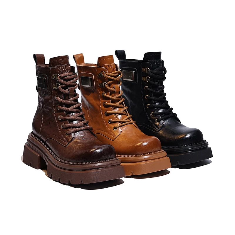 【渔歌子】真皮跟高7.5CM筒高14CM粗跟短靴圆头马丁靴女JD80801