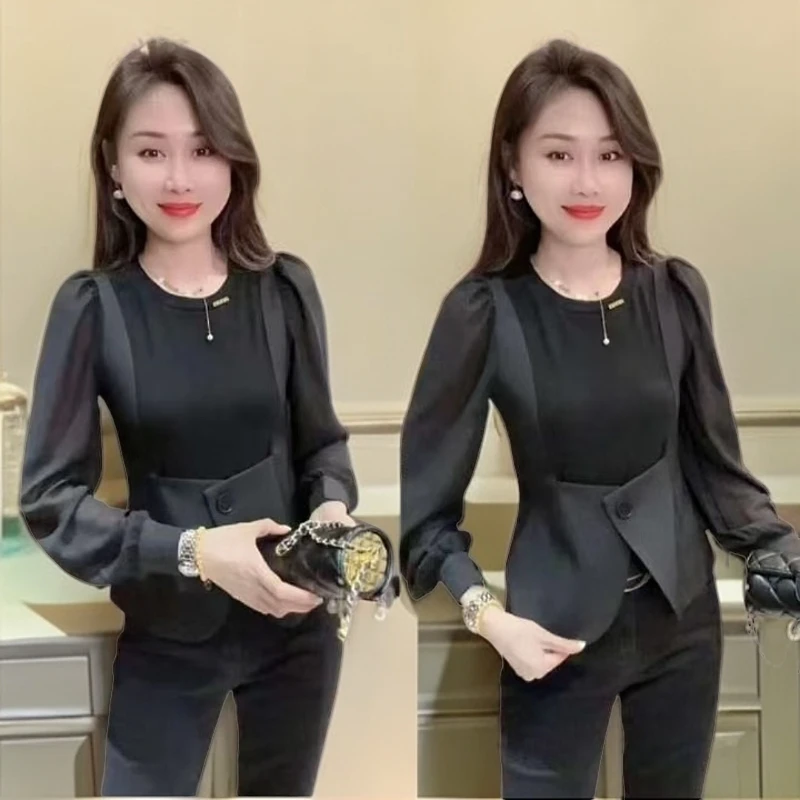 2024夏季新款修身显瘦简约通勤时尚百搭气质假两件