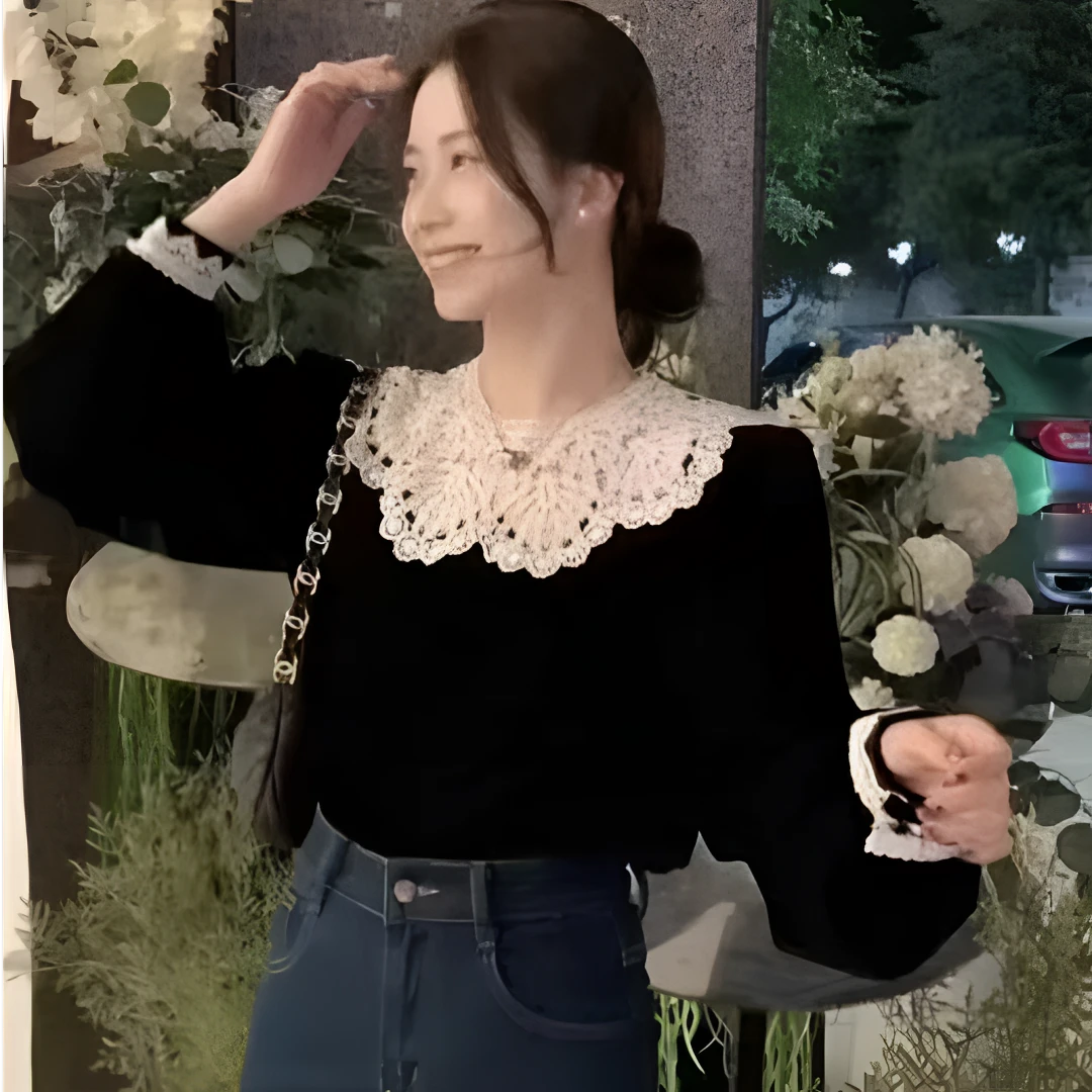 秋季新款蕾丝拼接圆领气质减龄T恤宽松时尚复古女装百搭显瘦洋气