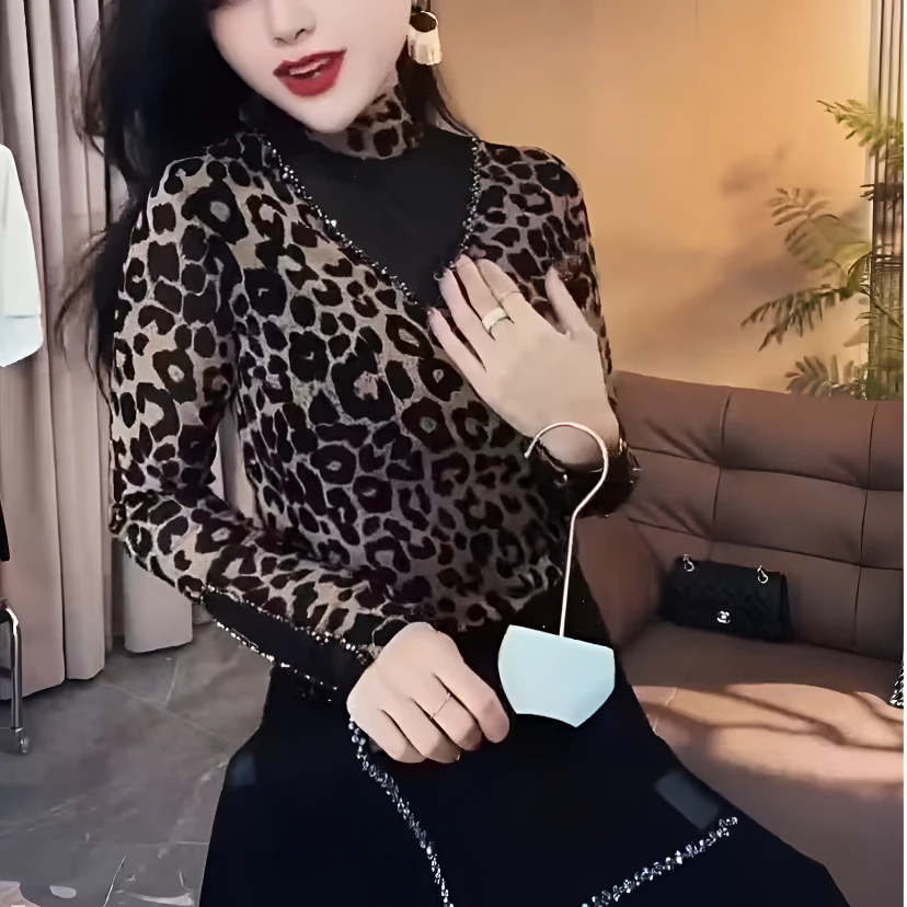 717秋冬新款窜珠时尚洋气打底衫长袖品质女装豹纹网红气质显瘦