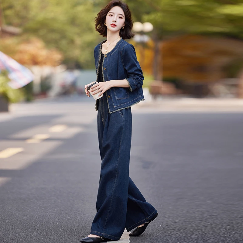 牛仔套装女2025春秋新款设计感小众休闲时尚洋气欧货阔腿裤两件套