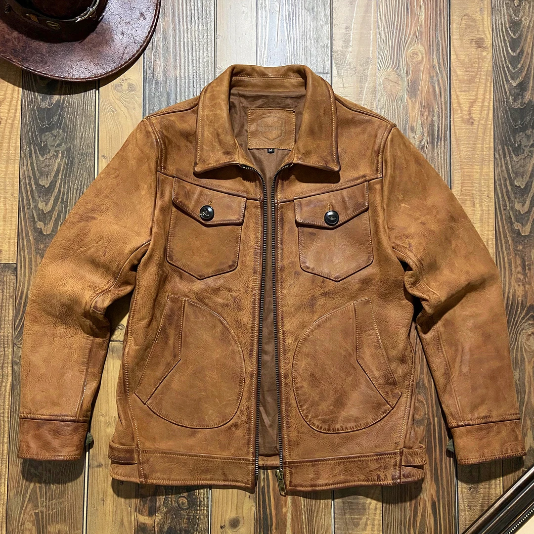 美式复古经典门多萨牛皮皮衣重工水洗做旧进口无涂农场主皮夹克