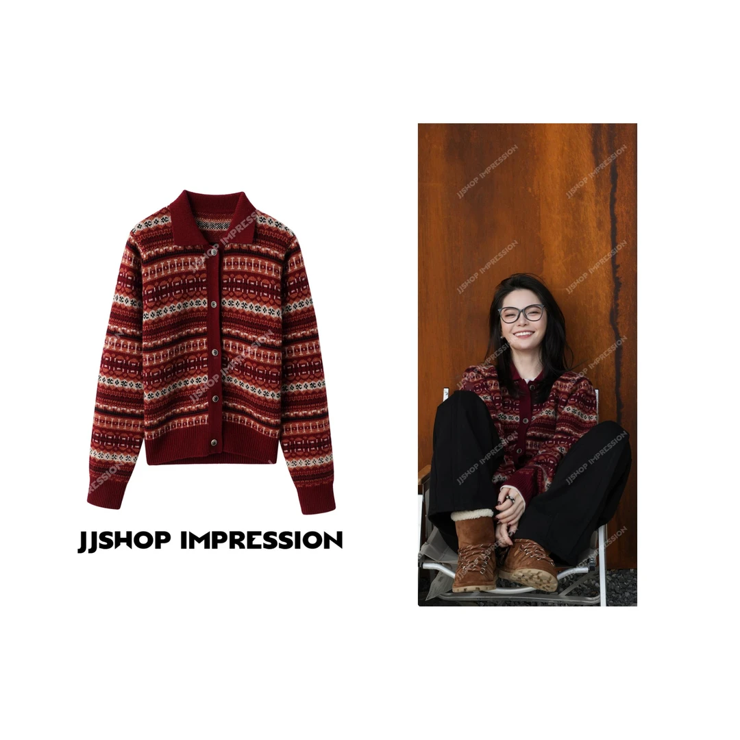 【费尔岛的圣诞夜】JJSHOP秋冬新款元素全羊毛针织开衫翻领毛衣