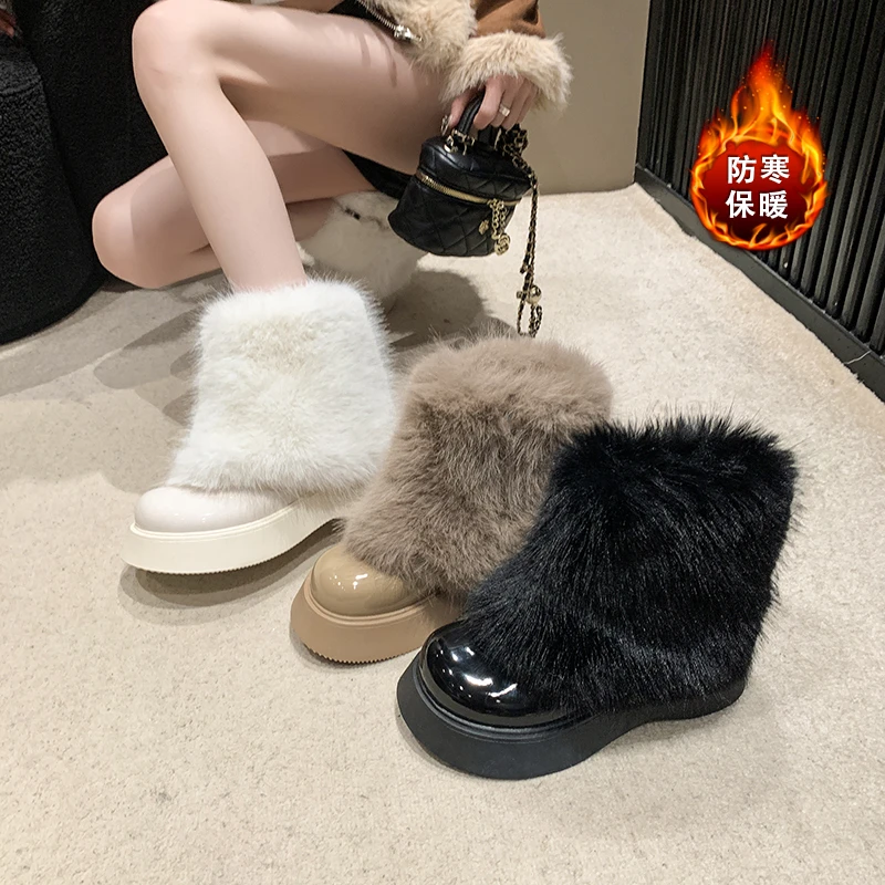 英伦风时尚小短靴厚底雪地靴子马丁靴子女2024冬季加绒保暖毛毛鞋