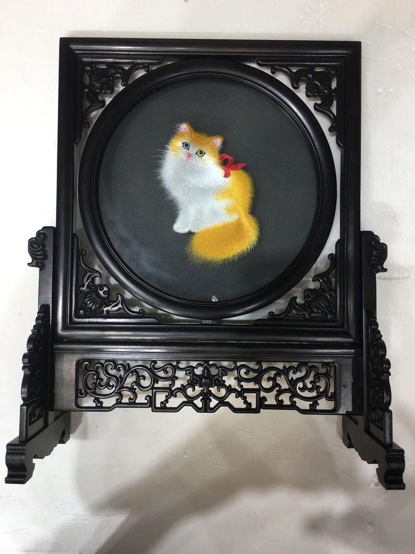 纯手工苏绣一猫双色五福临门天方地圆尺寸直径26x35