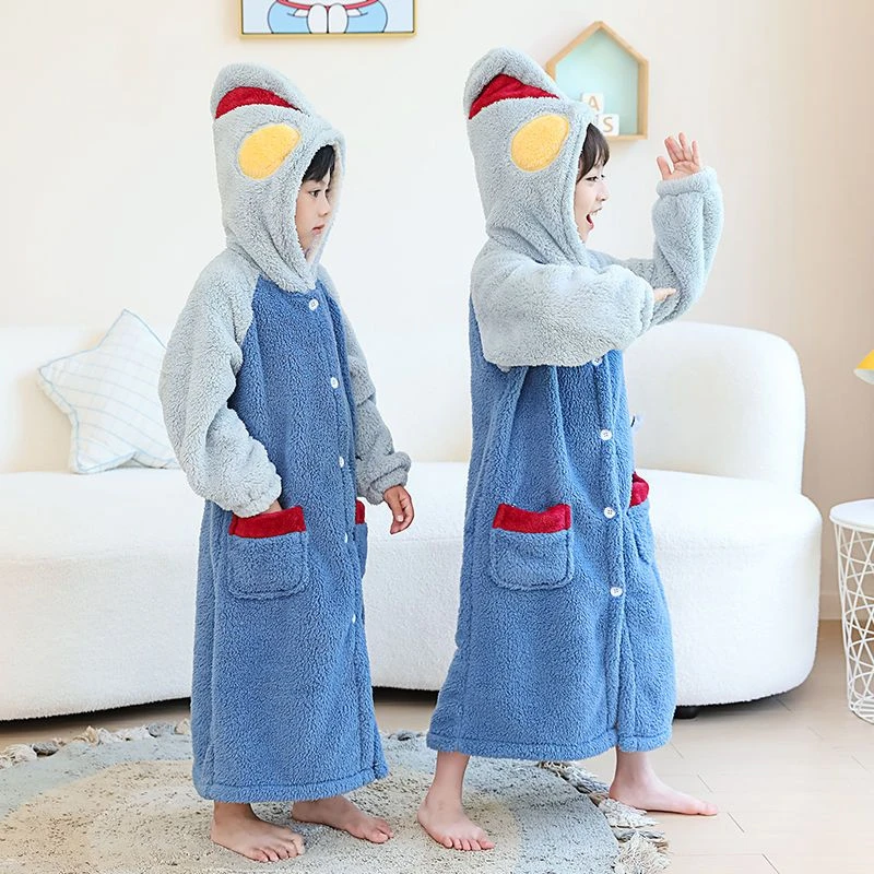 儿童奥特曼睡衣秋冬珊瑚绒加长到脚踝加厚男童女童法兰绒家居浴袍