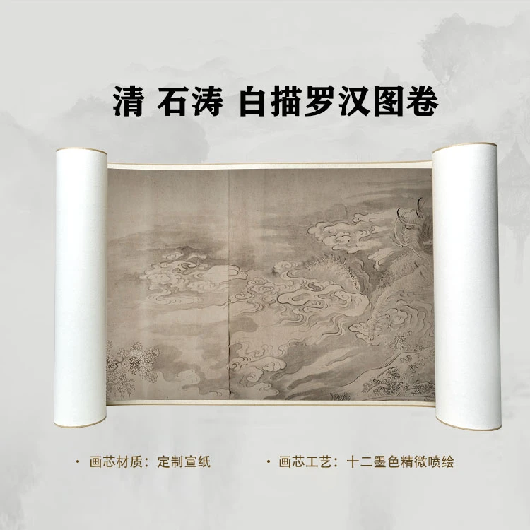 清 石涛 白描罗汉图卷手卷国画微喷客厅背景高清复刻精装裱卷轴