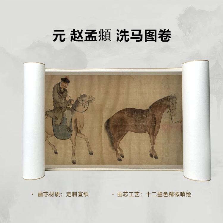 元 赵孟頫 洗马图卷手卷国画微喷客厅背景高清复刻精装裱卷轴