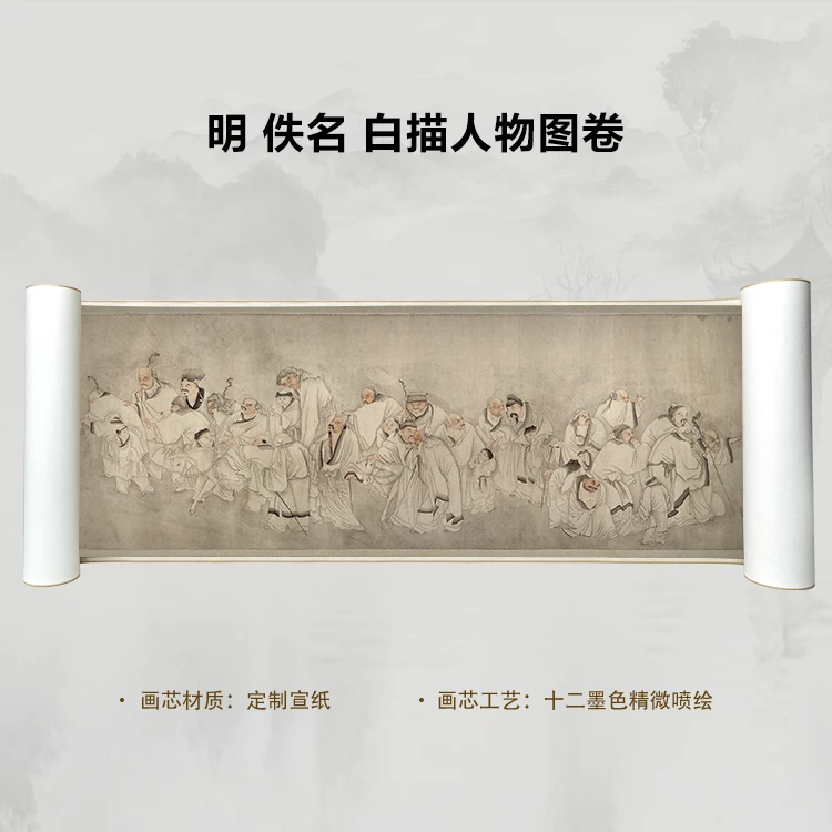 明 佚名 白描人物图卷手卷国画微喷客厅背景高清复刻精装裱卷轴