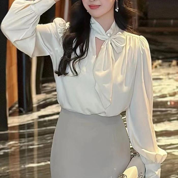 【夏央家】2025春季新款设计感长袖蝴蝶结氛围衬衫气质上衣女#1835