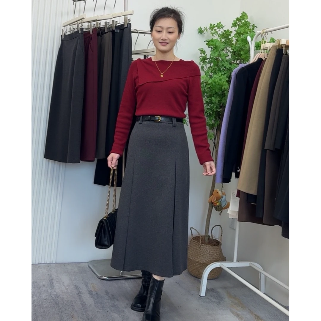 【衣淘如意专属】【高品质人字纹】冬季新款毛呢百褶高腰半身裙#5585