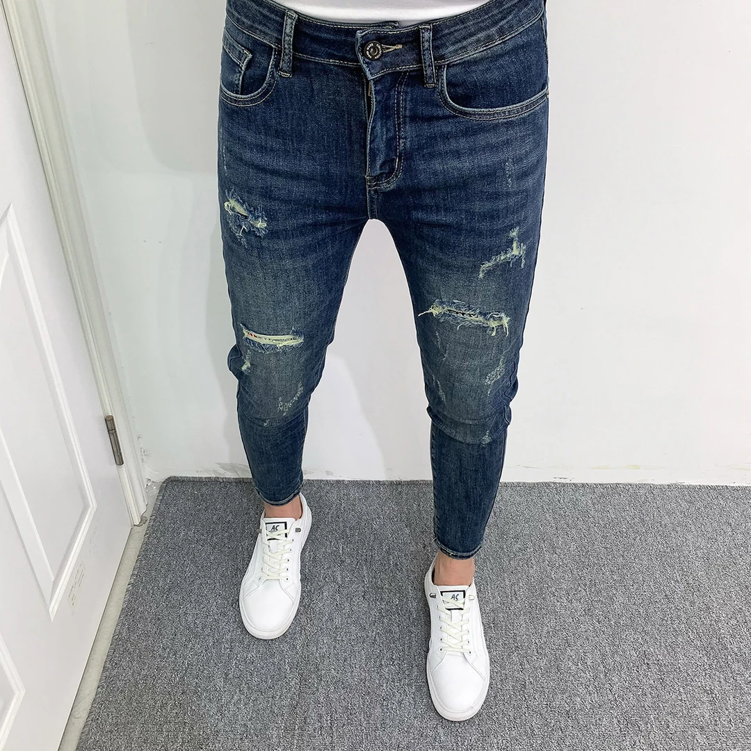 薄款九分牛仔裤子男个性潮流做旧蓝色时尚破洞2024夏季修身小脚