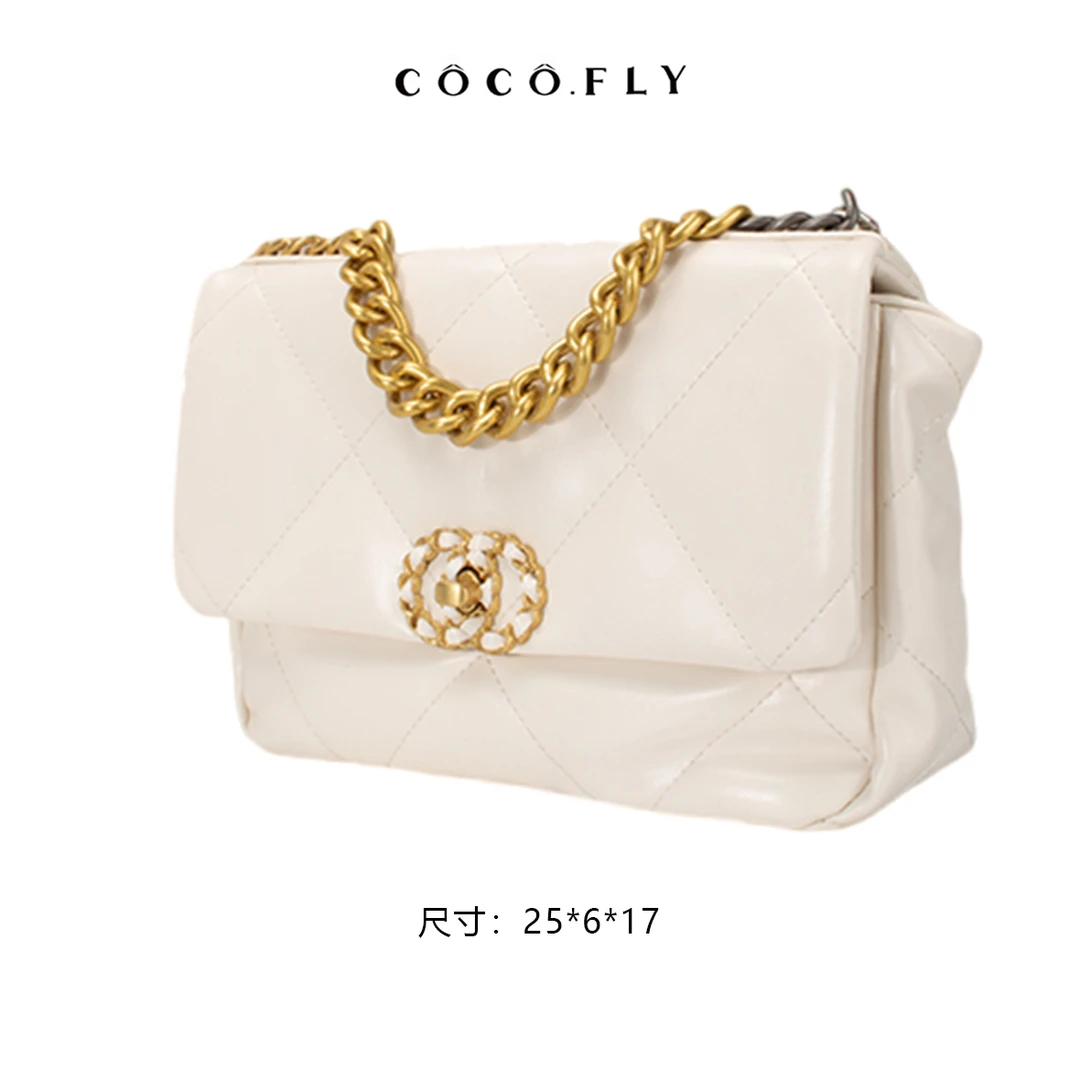 小香风米白色中古小羊皮菱格包KC-2083