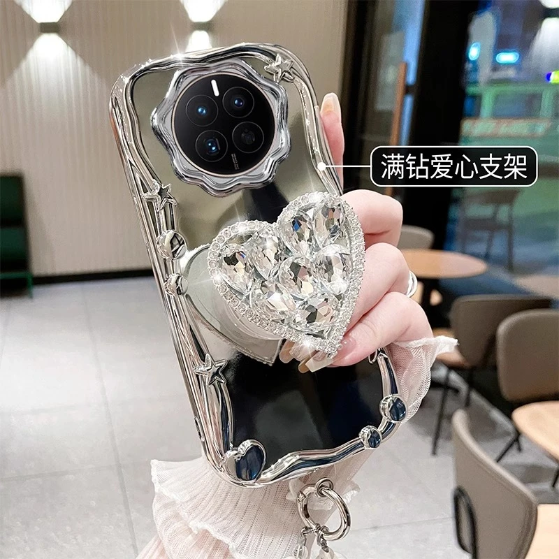 适用华为mate60Pro全包防摔壳水钻支架mate50女款奢华带珍珠挂绳p