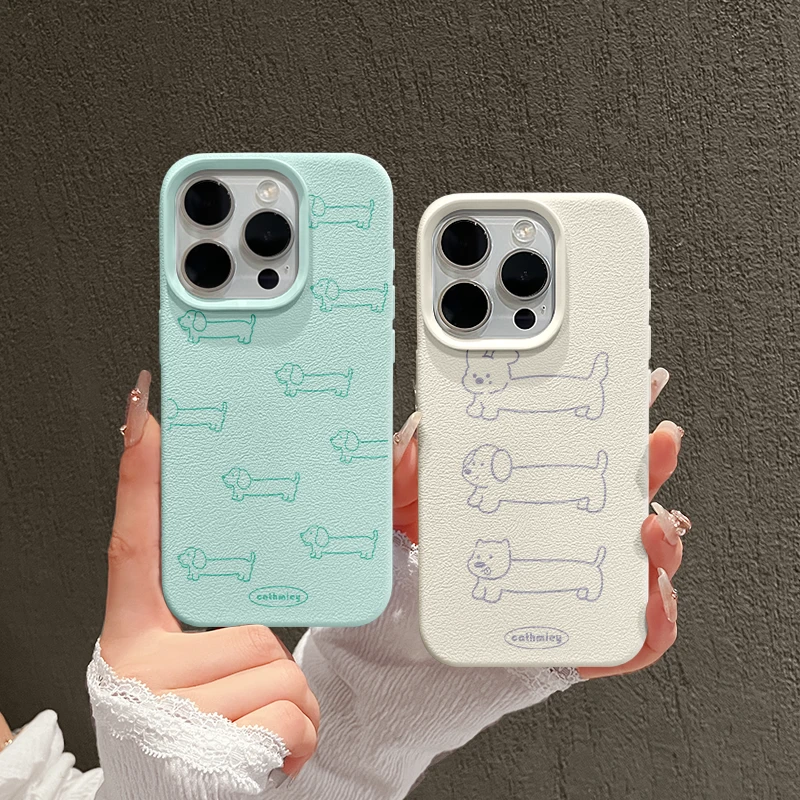 适用于14苹果iphone15pro蓝绿色线条小狗皮纹TPU手机壳防摔全包13