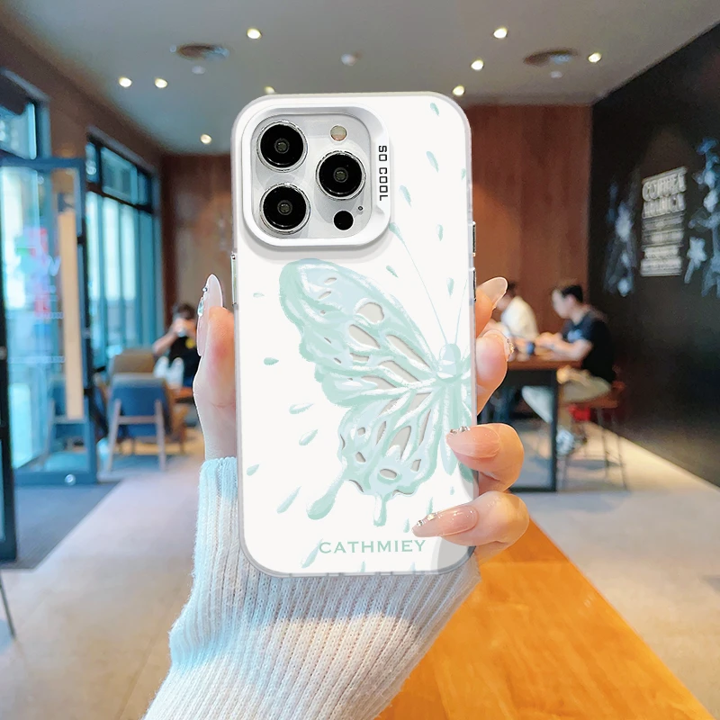 适用于【苹果/华为/OPPO/VIVO/红米】油画绿蝴蝶全包磨砂手机壳防摔