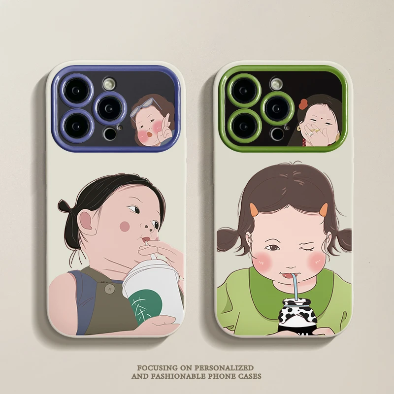 适用于【苹果/华为/OPPO/VIVO/小米】卡通少女挂绳奶茶大视窗手机壳