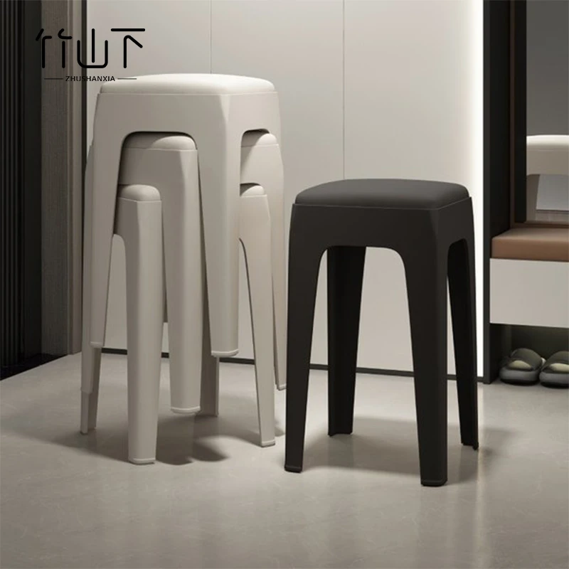 塑料凳子家用加厚便携式可叠放软包现代简约客厅高颜值餐桌方凳子