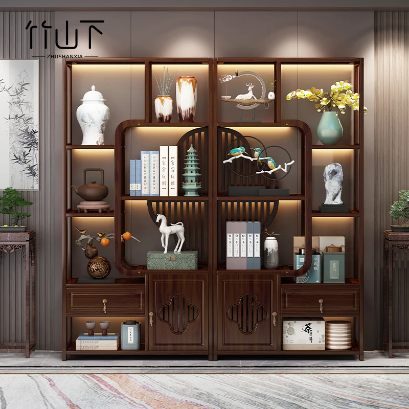 博古架新中式展示柜家用客厅摆件收纳柜办公室茶室茶具置物展示柜