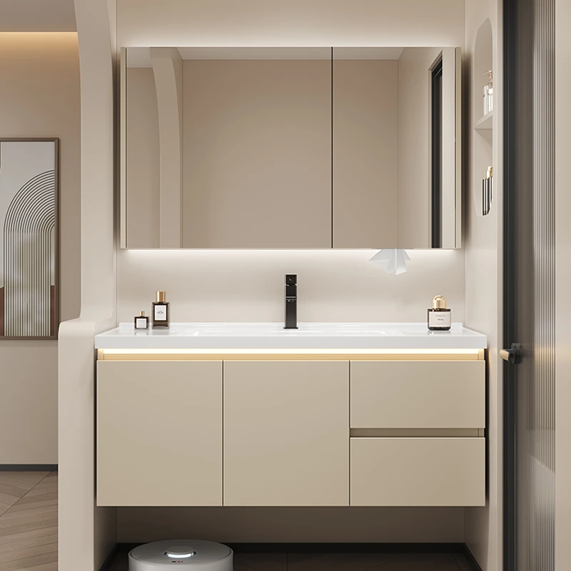 SENSGO/尚上居【奶咖色】橡胶木烤漆陶瓷一体盆风水镜卫生间浴室柜