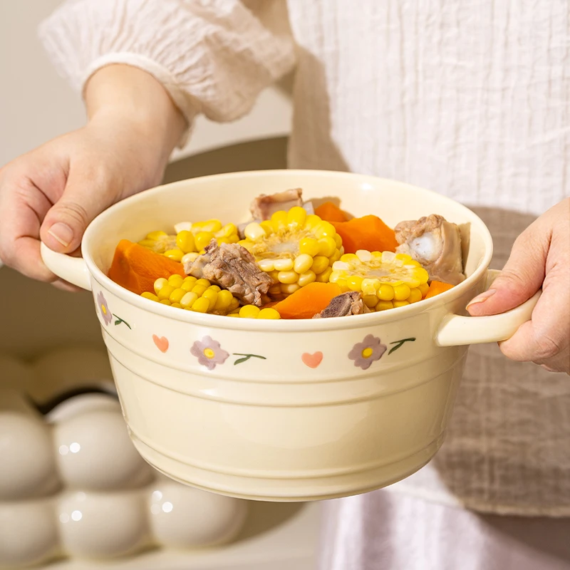 奶油风超大10英寸紫藤花双耳汤碗加大网红陶瓷创意双线浮雕大汤盆