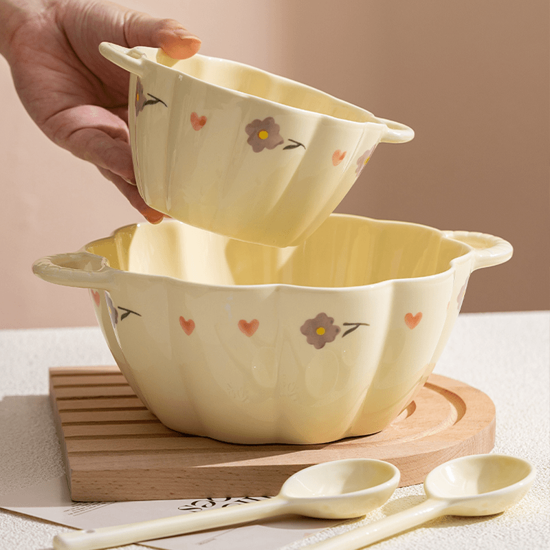 奶油风紫藤花9.5英寸双耳大南瓜汤碗高颜值不规则汤碗家用陶瓷