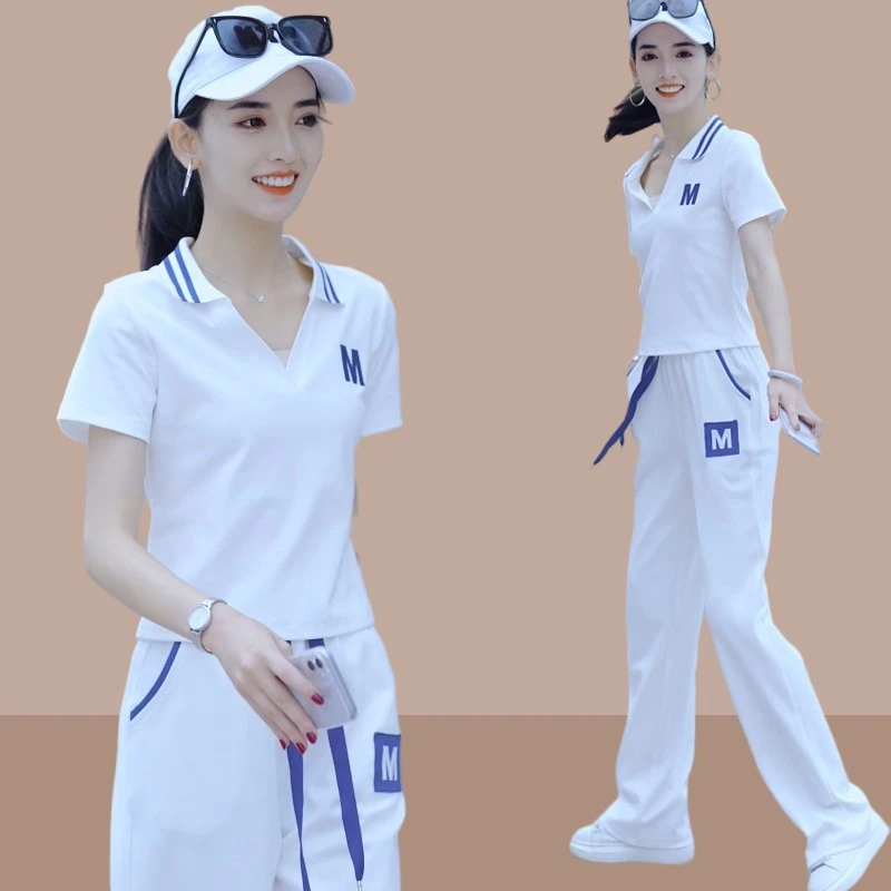 大码休闲运动套装女士2025年夏季新款时尚洋气时髦短袖长裤两件套