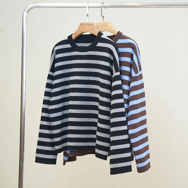 PAMIR秋冬新款女圆领条纹精纺羊毛针织衫外穿百搭休闲长袖外套