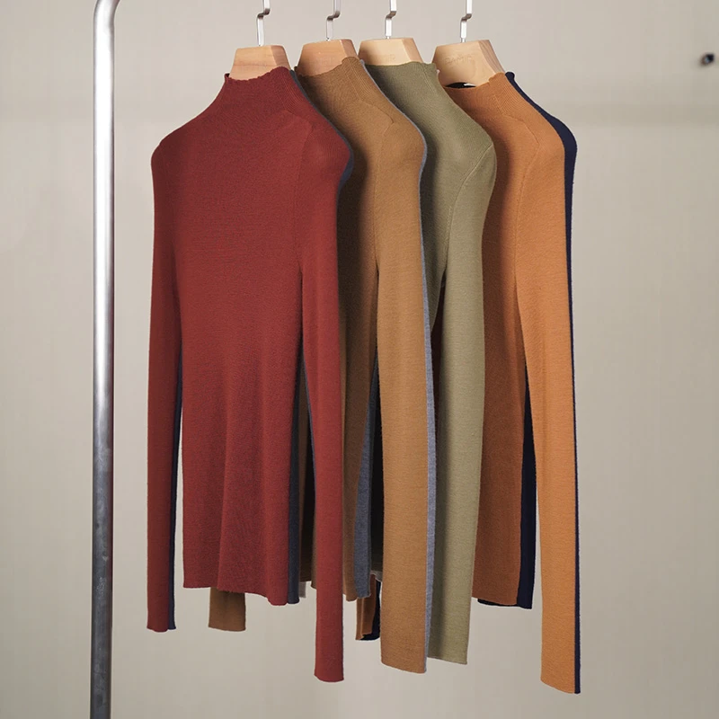 【叶可可】PAMIR秋冬女半高领精纺羊修身长袖针织衫 PZ037