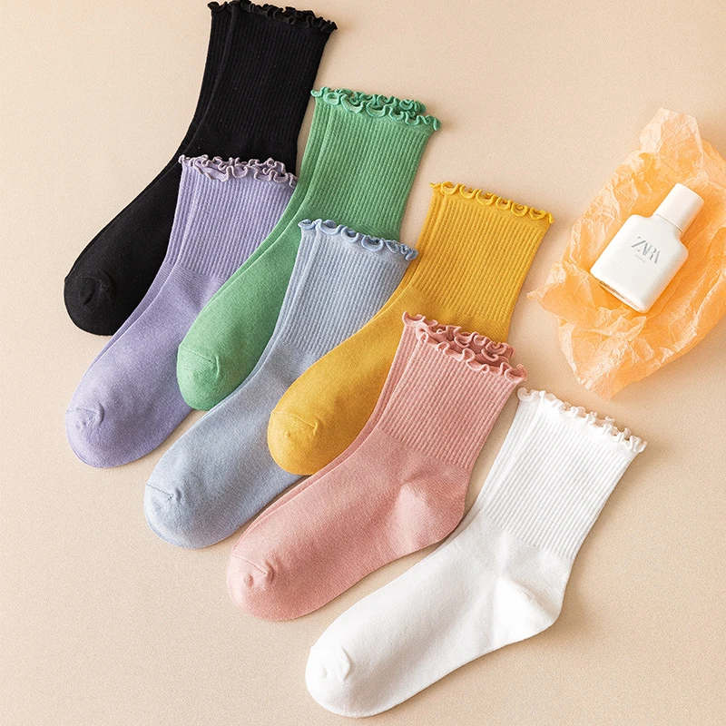 木耳边堆堆袜女中筒袜月子袜纯棉袜子产后孕妇松口不勒脚纯色百塔