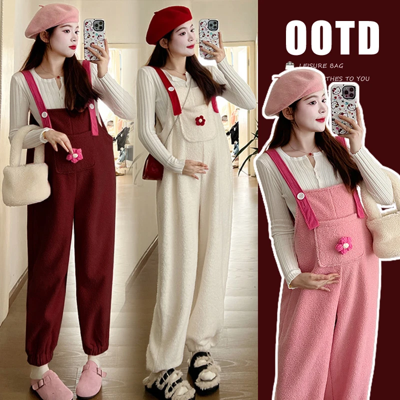 孕妇背带裤秋冬新款加绒加厚连体裤2024冬季羊羔毛保暖外穿长裤子