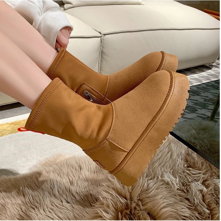 （妙源女鞋官方）2024女秋冬新品牛皮保暖雪地靴厚底时尚百搭短靴