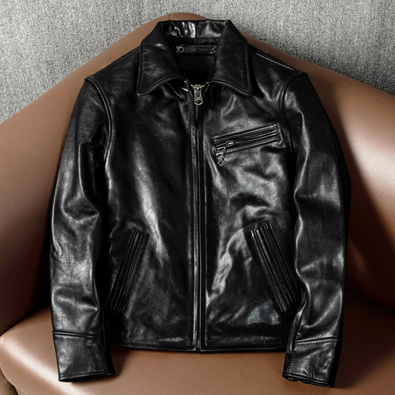 马皮油蜡茶芯工艺皮衣男士潮青年皮夹克立领短款修身外套