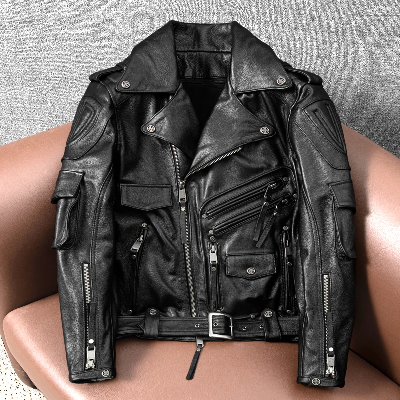 HALEI哈雷牛皮真皮皮衣男机车服 可脱卸内胆可加护具皮夹克 2218