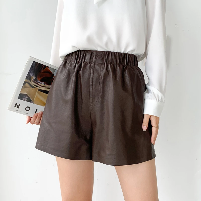 真皮短裤女绵羊皮2025秋冬新款植鞣高腰a字阔腿外穿松紧皮裤纯皮