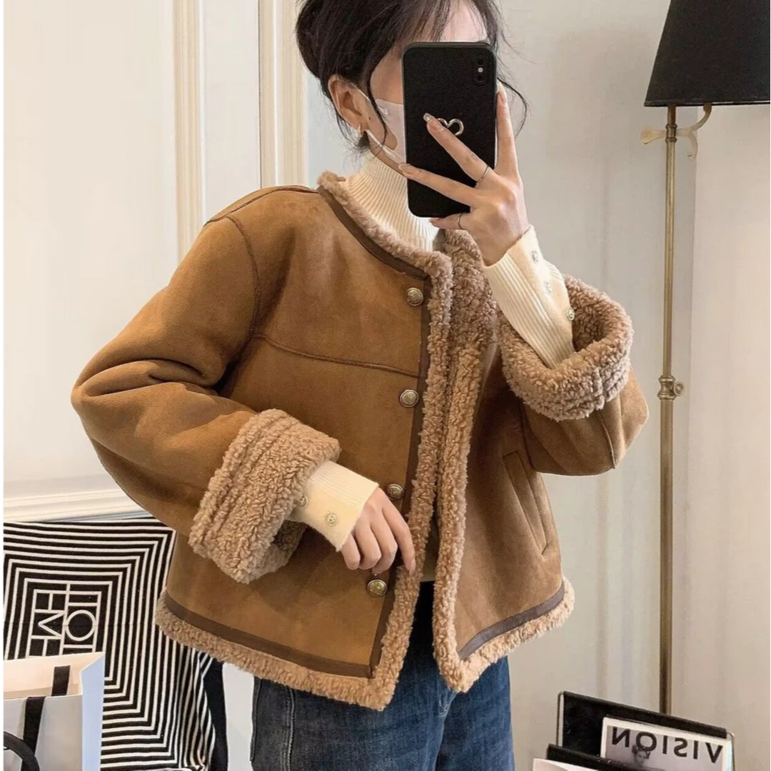 【现货+运费险】仿羊羔毛外套女冬短款小香风设计感皮毛一体DJ921