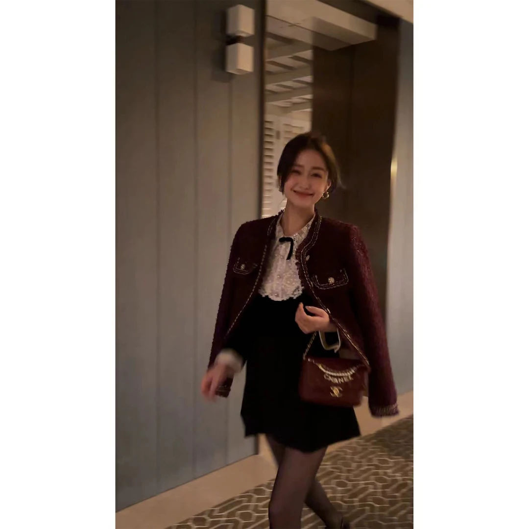 W·HAHA【勃艮第】名媛高级毛毛流苏粗花呢外套900019