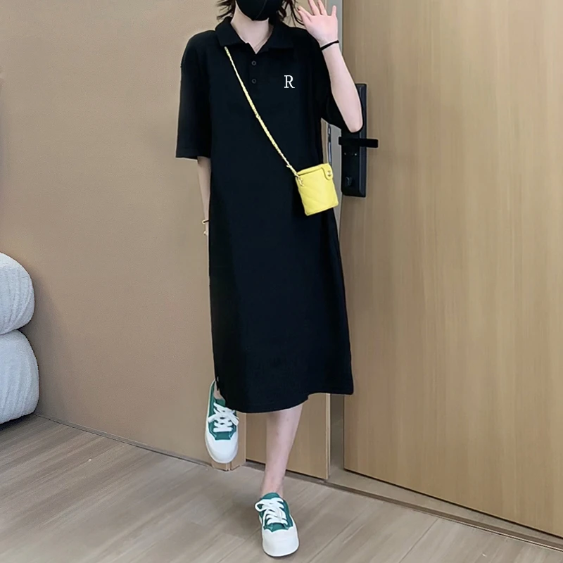 大码女装polo衫短袖t恤连衣裙夏季中长款纯棉过膝裙子小个子长裙