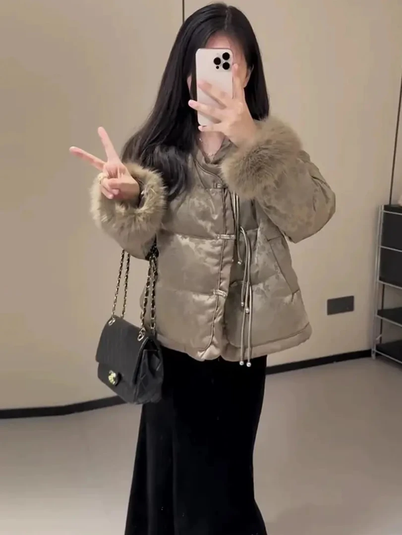 【1224】国风提花盘扣毛毛袖加厚外套女冬季复古设计感气质宽松上衣