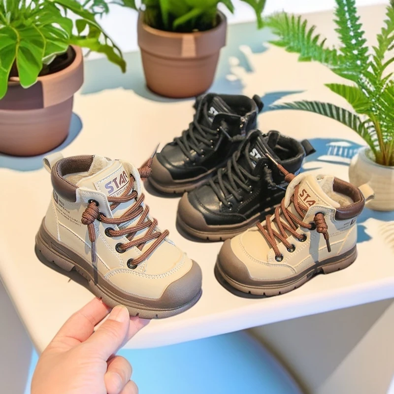 男童马丁靴2024秋冬真皮新款宝宝二棉鞋大男孩防滑雪地靴儿童靴子