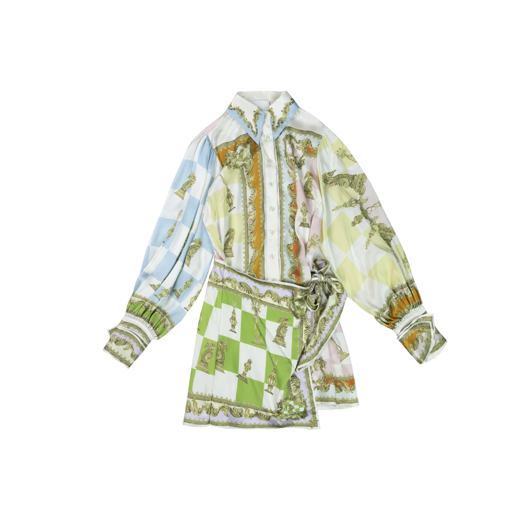 【坤姨专属】“国际棋盘短裙”欧美显身材 外企灯笼袖收腰印花连衣裙