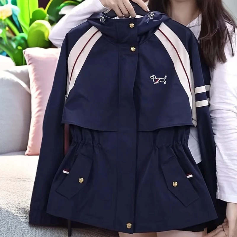 设计感拼色连帽风衣外套女2024年秋季新款韩版宽松收腰气质冲锋衣